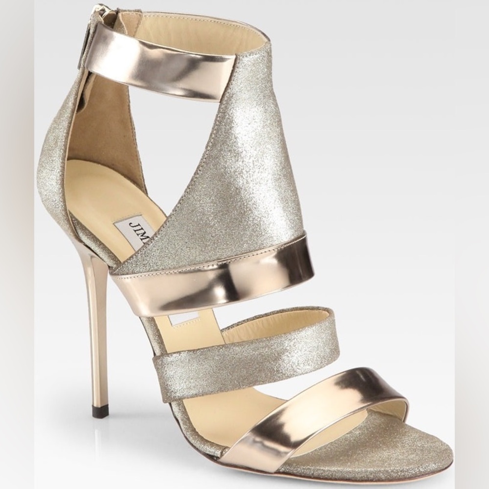 Jimmy Choo Gold Metallic Leather & Suede Sandal Heels